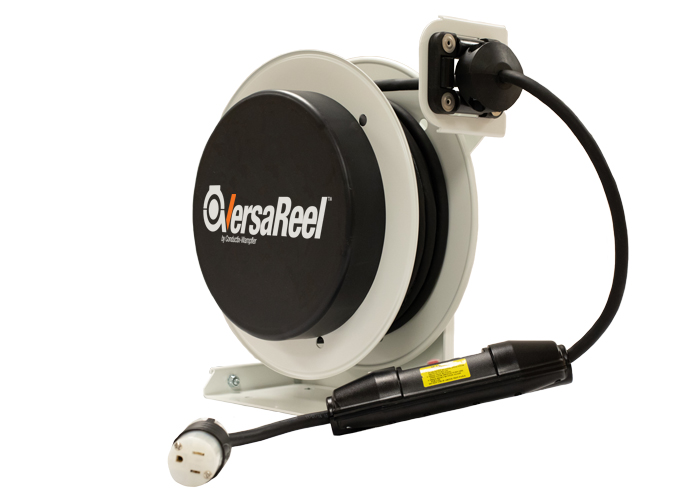 VersaReel Spring-Driven Cable Reel, 12AWG/3 Conductors, 25FT, w/Single Receptacle, 15A, w/GFCI