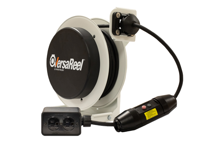 VersaReel Spring-Driven Cable Reel, 12AWG/3 Conductors, 25FT, w/Quad Receptacle Box, 15A, w/GFCI